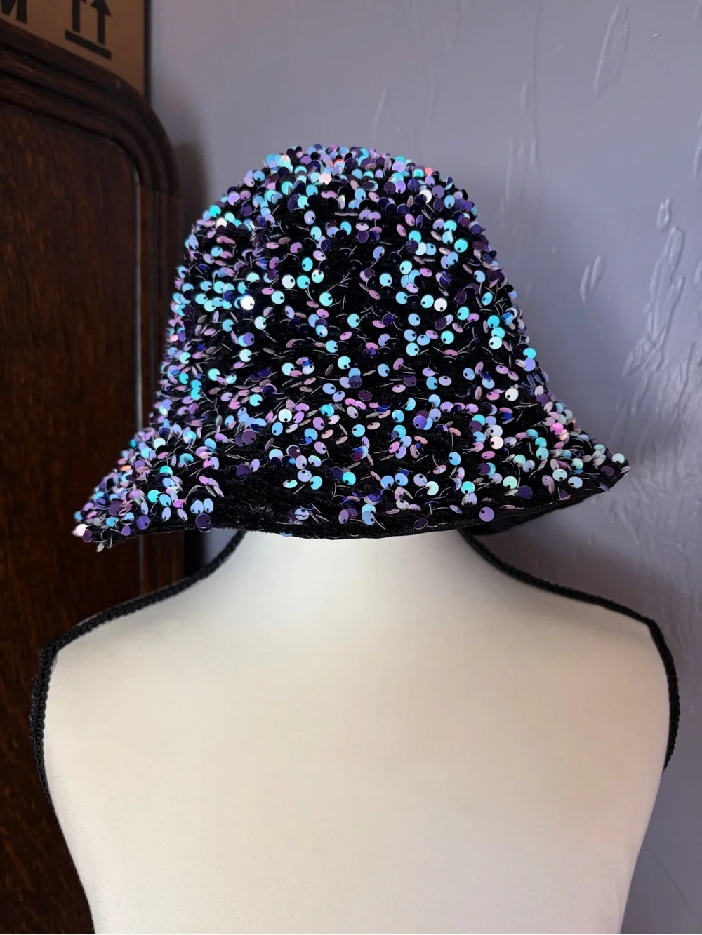 Black Sequin Bucket Hat with Iridescent Accents - Picture 2 of 6